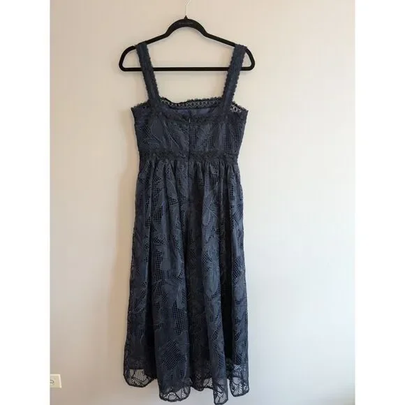 ML MONIQUE LHUILLIER Guipure Lace Midi Dress Midnight Blue Navy Sz. 6 Orig.  $645